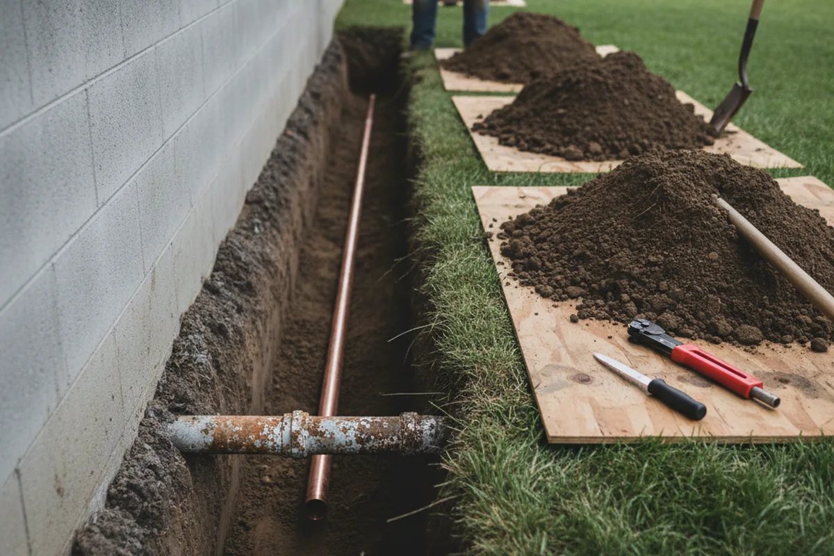 Excavated water line trench during Water Softener Installation in Colmar